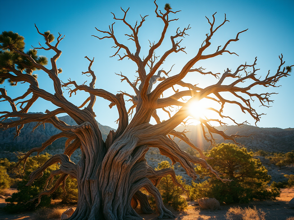 A gnarled tree with twisted branches silhouetted against a bright sun and clear blue sky in a mountainous landscape.