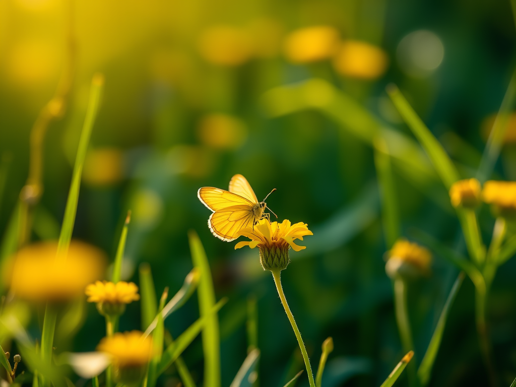 Yellow month on yellow flowers in a green field. 